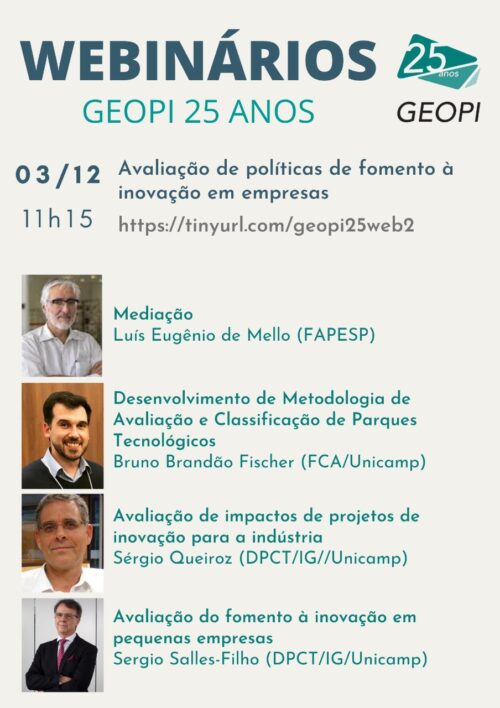 WEBINÁRIOS - GEOPI 25 ANOS - Avaliação de políticas de fomento à inovação em empresas